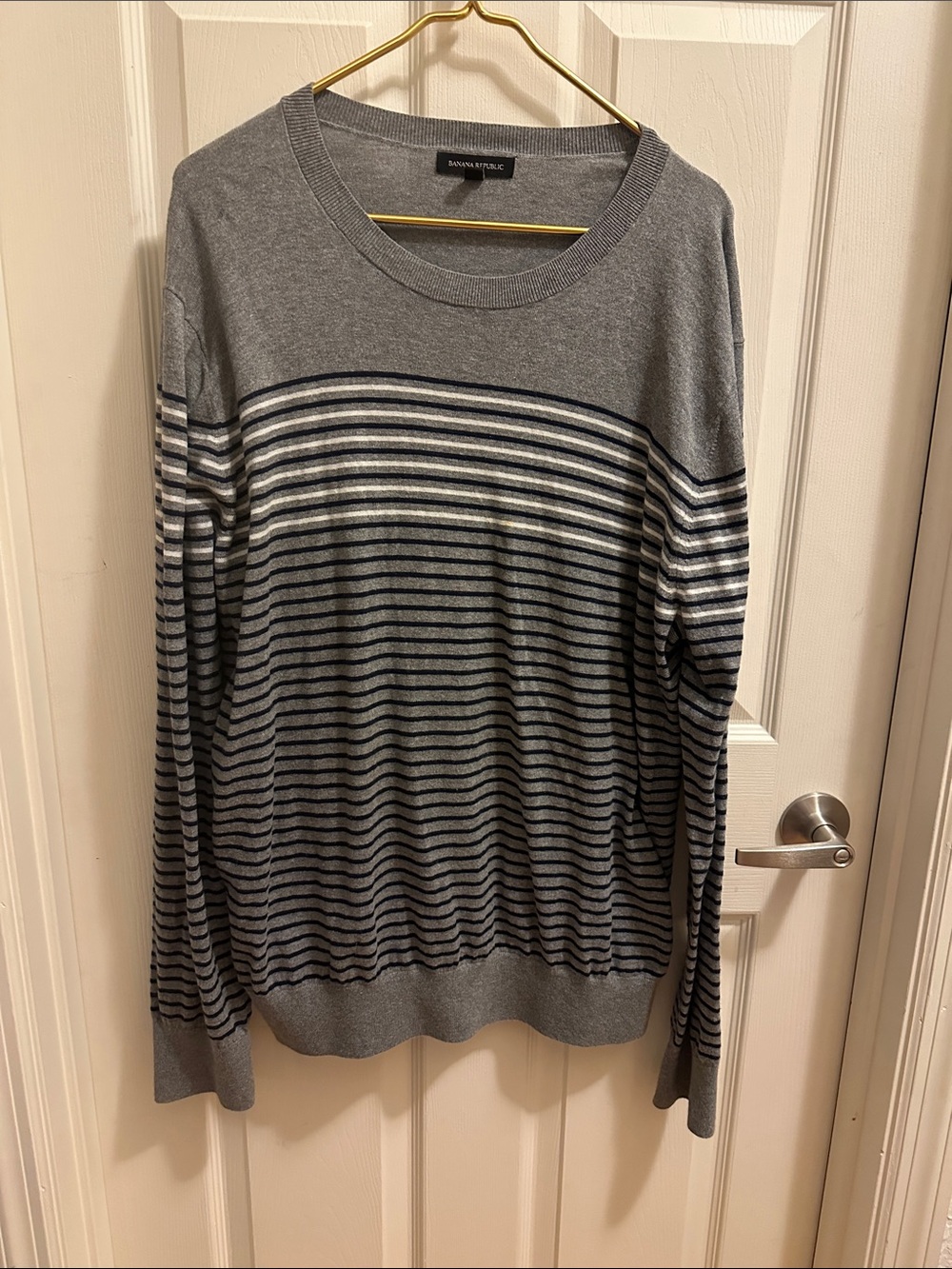 Banana Republic Gray and Navy Striped Crewneck Sweater